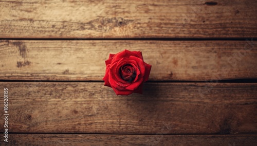 Red rose placed on wooden surface in a romantic setting, ideal for background or decorative use