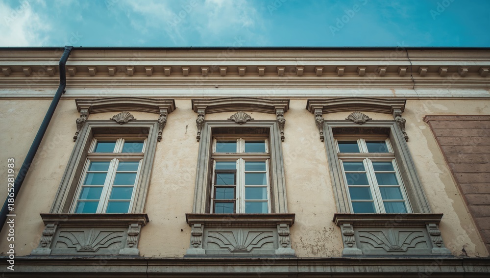 Obraz premium Front view of a historic building with three windows on its facade in Saint Petersburg, Russia, architectural detail, cultural heritage