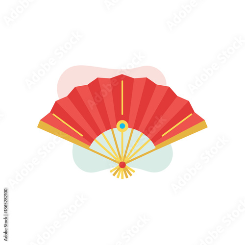 Red decorative fan with gold details in flat design style  