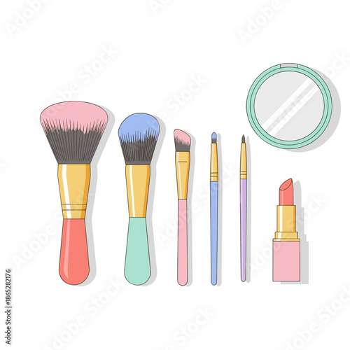Makeup brushes and lipstick on white background with mirror  