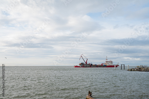 Dredger work the river view from a drone