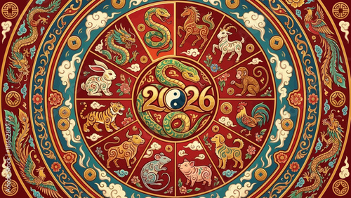 A colorful illustration of the 2026 Chinese zodiac calendar with various animals and yin yang symbol
