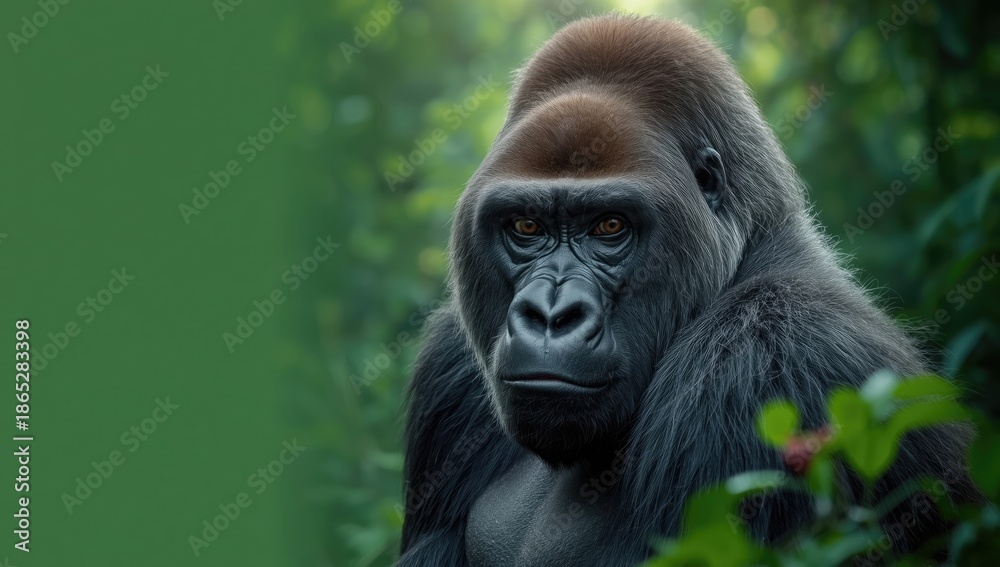 Obraz premium Close-up of a Silverback Gorilla focusing on facial features and muscular build, primate behavior study