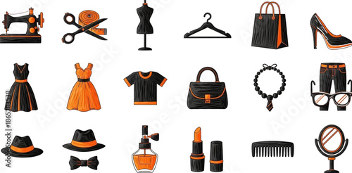 Fashion Atelier, Tailoring and Beauty Icons Set for Boutique, Salon and Branding Design (Black & Orange)