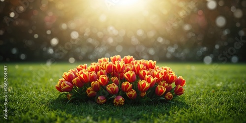Bright yellow and red tulips with vibrant petals on a green field, ideal for seasonal planting guides or horticulture displays, Earth Day