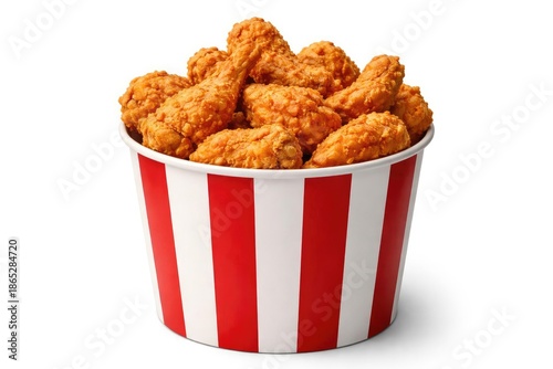 Fried chicken pieces in a paper bucket displayed on a white backdrop with clipping path