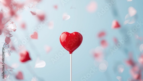 Red lollipop hearts on a blue background serve as a humorous Valentine's Day card design, emphasizing fun and affection
