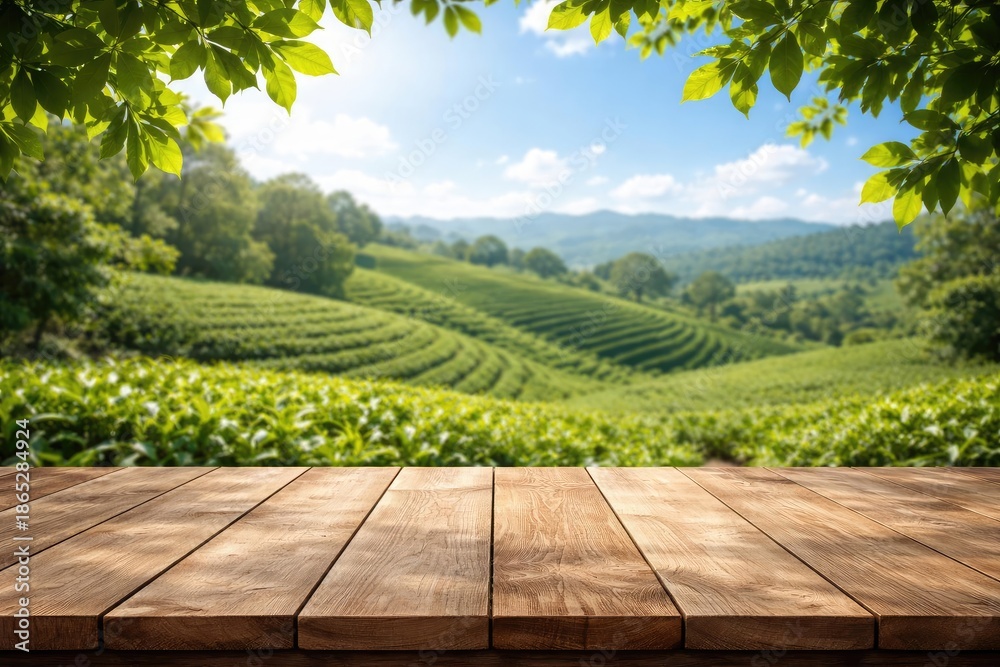 Fototapeta premium Natural wooden surface with green leafy frame and blurred tea plantation scenery under blue sky for displaying products