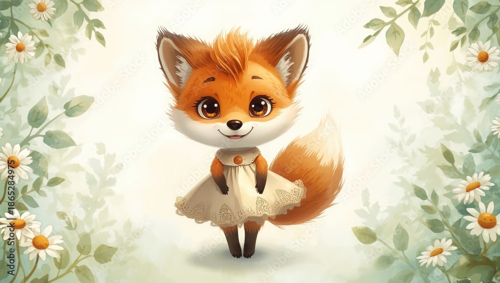Fototapeta premium Animated fox character wearing a white dress, suitable for children's media or educational content