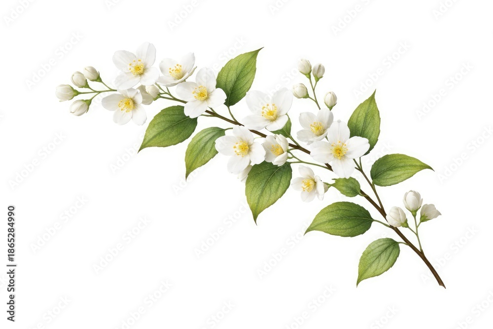 Fototapeta premium Elegant jasmine branch with flowers isolated on white background for crafting frames