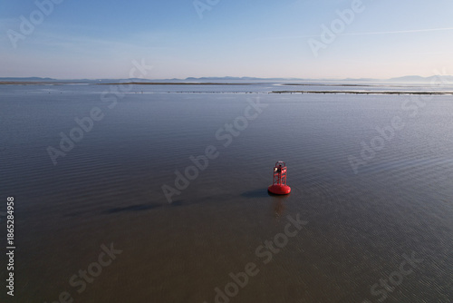 Channel marker in the river.Drone view