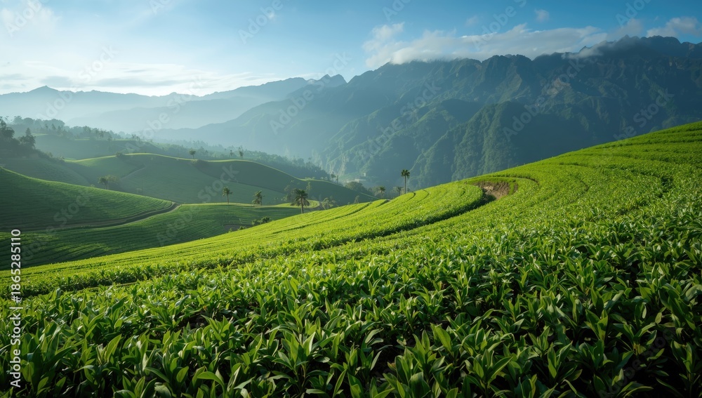 Fototapeta premium Tea plantation set against rugged mountain terrain highlighting eco-friendly farming, World Environment Day