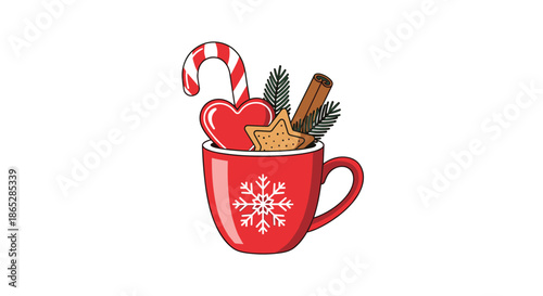 Festive red Christmas mug with a snowflake design, filled with a candy cane, holiday cookies, a cinnamon stick, and pine.