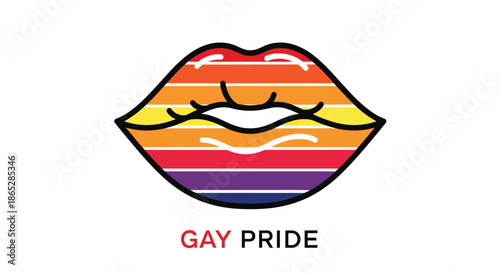 Graphic design of lips with colorful rainbow stripes and the text 'Gay Pride', celebrating the LGBTQ+ community and identity.