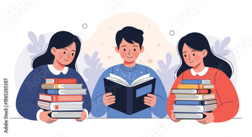 Young students sharing their love of reading, with a boy reading a book and two girls holding large stacks of literature.