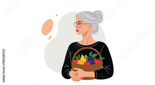 Elegant elderly woman with grey hair and glasses holding a wicker basket full of fresh and delicious assorted fruits.
