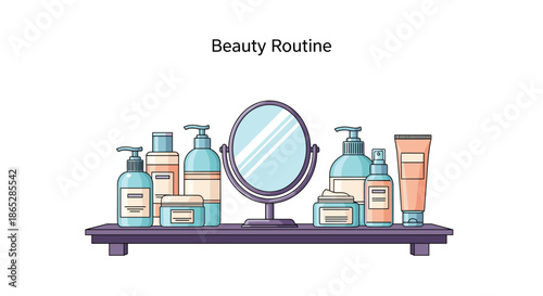 Cosmetic products for a daily beauty routine arranged on a shelf with a mirror, including lotions, creams, and cleansers.