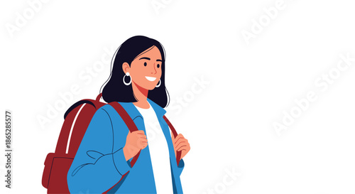 Happy young female student with a backpack smiling and looking away, with plenty of copy space for educational or travel text.