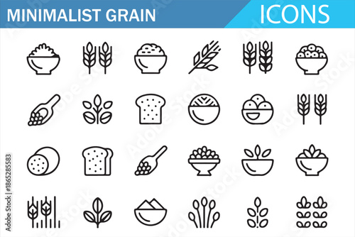 Wheat Bread and Rice Icons Set Simple Line Art