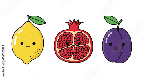 Set of three cute kawaii-style fruits with adorable faces, including a lemon, a pomegranate, and a plum illustration.