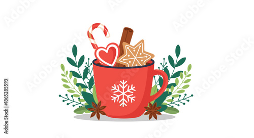 Cozy red Christmas mug with a snowflake, filled with festive treats and spices, and surrounded by green botanical leaves.