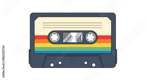 Detailed illustration of a vintage audio cassette tape with a colorful rainbow stripe, representing retro 80s and 90s music.