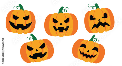 Set of five spooky and fun jack-o'-lantern pumpkins with different carved faces, perfect for Halloween holiday decorations.