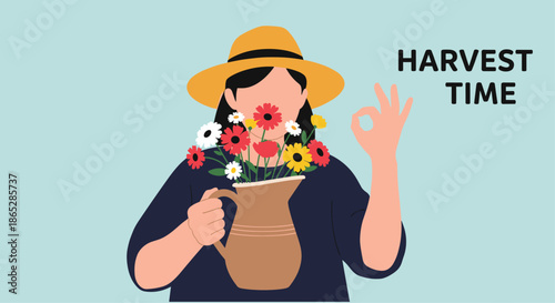 Woman in a straw hat holding a vase of colorful flowers and making an okay sign to celebrate 'Harvest Time' in the garden.