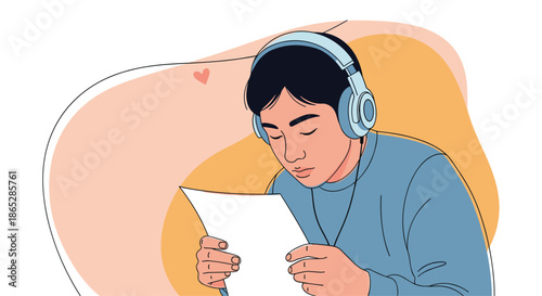 Focused young man wearing large headphones listens to music or a podcast while intently reading a document in a calm, illustrative style.