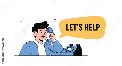Friendly cartoon man in a suit talking on a vintage rotary telephone with a speech bubble saying LET'S HELP for customer service concepts.