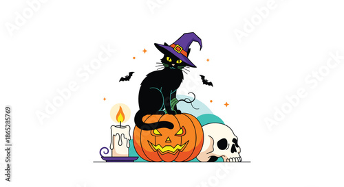 Spooky Halloween scene featuring a black cat in a purple witch hat sitting on a carved pumpkin next to a skull and a lit candle.