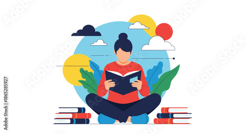 Modern flat design illustration of a woman sitting cross-legged outdoors, deeply engrossed in reading a book, with abstract nature elements in the background.