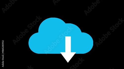 Blue cloud icon with a downward arrow representing file download, smooth flat animation, ideal for cloud computing visuals, user interfaces, digital platforms, and tech-related motion graphics.
