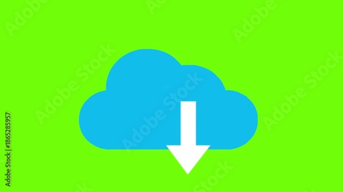 Blue cloud icon with a downward arrow representing file download, smooth flat animation, ideal for cloud computing visuals, user interfaces, digital platforms, and tech-related motion graphics.