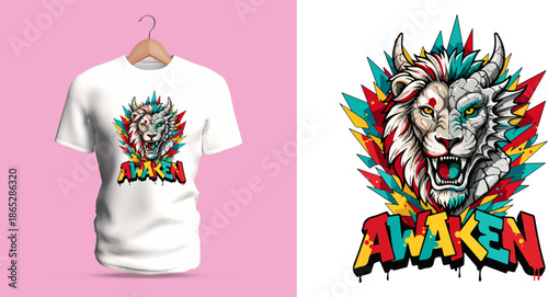 This vector T-shirt artwork presents a white lion with multicolored mane rendered in vivid layered strokes. The creature’s expression is fierce, with sharp eyes and textured fur. Behind it, graffiti