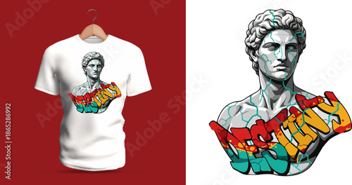 Detailed vector artwork of a classical Greek-style marble bust combined with vibrant graffiti strokes forming dynamic lettering. Strong contrast between traditional sculpture and modern street-art