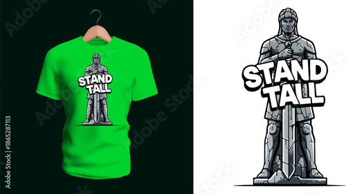 This vector T-shirt artwork features a tall armored warrior statue standing upright with a sword held firmly in front, illustrated in grayscale stone textures, bold outlines, and strong shading.