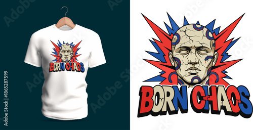 This vector T-shirt artwork features a classical statue bust illustrated with stone textures, soft shading, and expressive details. Beneath the portrait, the handwritten graffiti-style