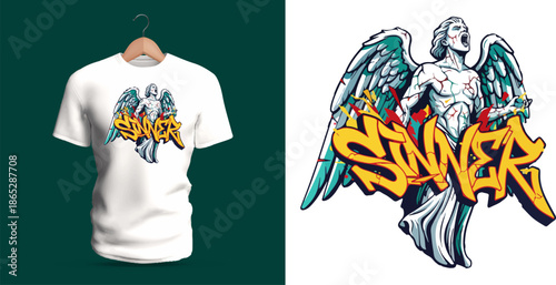 This vector T-shirt artwork features a distressed angel figure with detailed wings and expressive stone textures. The bold graffiti-style lettering “Sinner” appears beneath the figure
