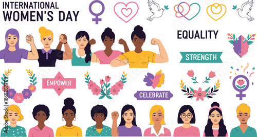Colorful International Womens Day with Diverse Women Empowerment Symbols diversity