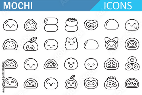 Cute Mochi Icons Set with Kawaii Japanese Dessert Faces