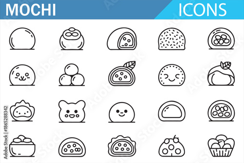 Cute Mochi Icons Set in Line Style with Kawaii Japanese Dessert Faces, Sweet Rice Cake Characters and Smiling Food Symbols for Stickers, Apps and Branding Vector