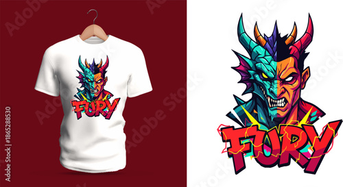 This vector T-shirt artwork depicts a fierce hybrid creature with horns, sharp teeth, bright turquoise skin, and fiery red accents. The bold graffiti-style word “Fury” beneath the head highlights