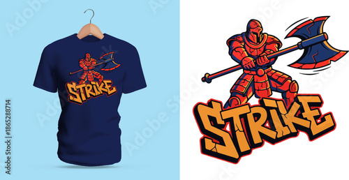 This vector T-shirt artwork features a red-armored warrior holding a large battle axe in an aggressive pose. The stylized shading, sharp armor plates, and bold graffiti-style word “Strike” create a