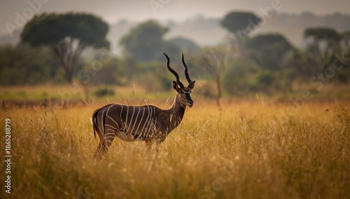 Adult kudu navigating tall grass in open savannah, highlighting animal behavior and habitat preservation, World Wildlife Day