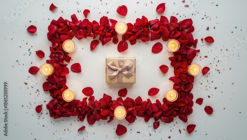 Top view of a rose arrangement, wrapped gift, and candles on a white surface, ideal for event decoration