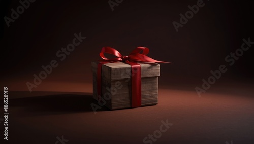 Red ribbon tied around a vintage wooden gift box on dark background, ideal for holiday gift wrapping.
