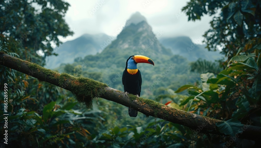 Obraz premium Green toucan resting on a tree branch within a rainforest setting, highlighting biodiversity preservation
