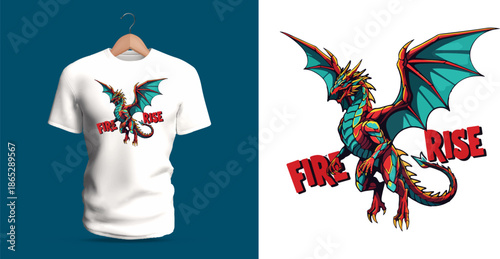 This vector T-shirt artwork features a slender multicolored dragon with teal wings, orange and red scales, and extended tail. The dynamic flying pose is paired with the stylized text “Fire Rise,”