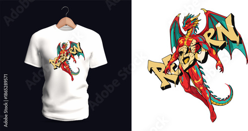 This vector T-shirt design illustrates a humanoid dragon warrior with muscular red-and-yellow body, teal wings, and a confident pose. The stylized graffiti-like word “Reborn” enhances the heroic